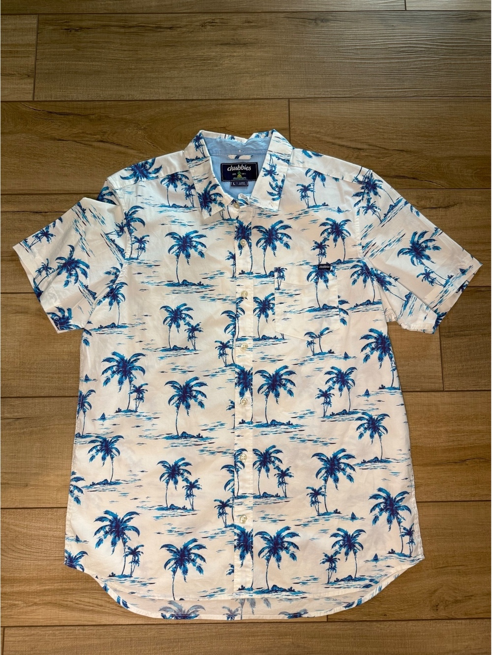 Chubbies Men’s Large Hawaiian Shirt Blue Palm Tree Tropical Short Sleeve